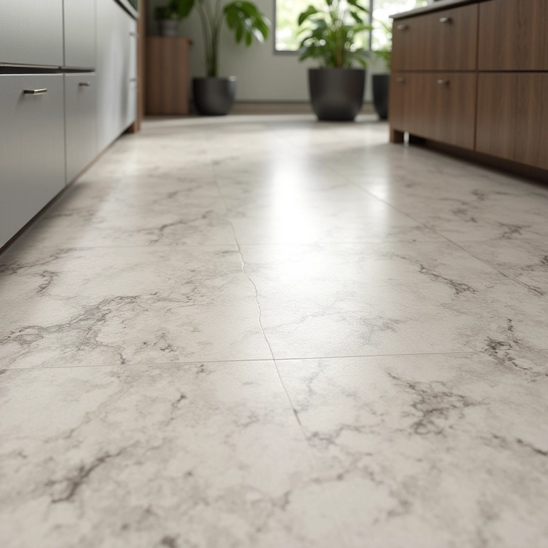 Comparativo de porcelanato acetinado e polido em cozinha moderna, mostrando a diferença de textura.