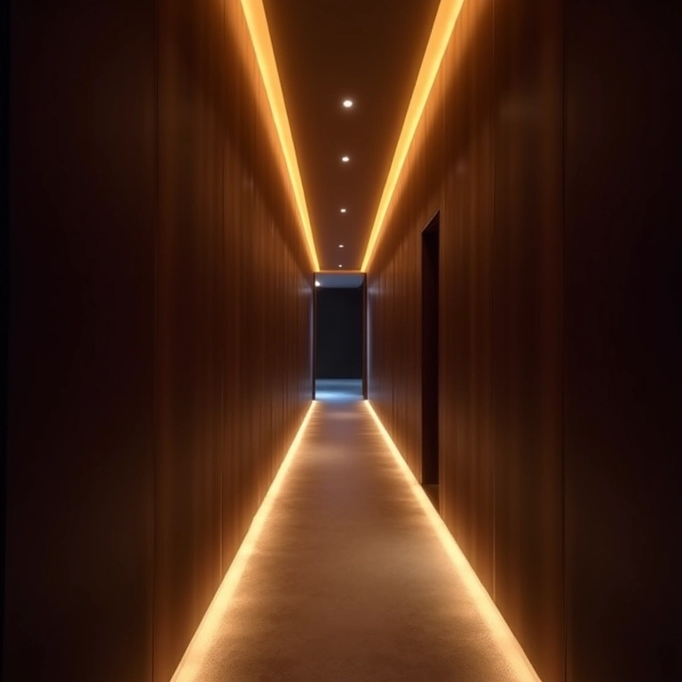 Corredor com sinalização de fitas de LED.