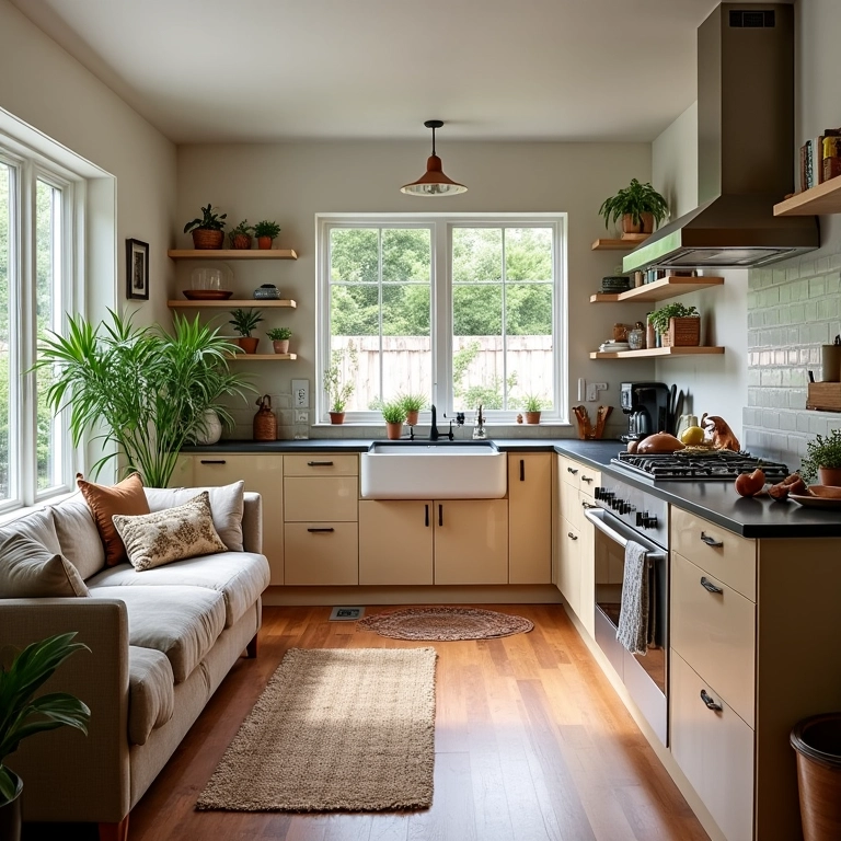 Cozinha americana integrada à sala de estar, design brasileiro e iluminação natural.