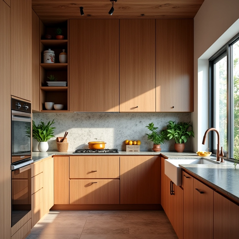 Cozinha moderna com armários de madeira e decoração vibrante.