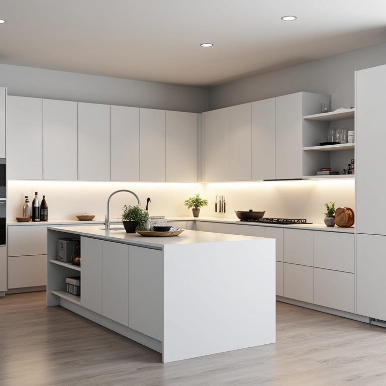 Cozinha moderna com armários e ilha em MDF.