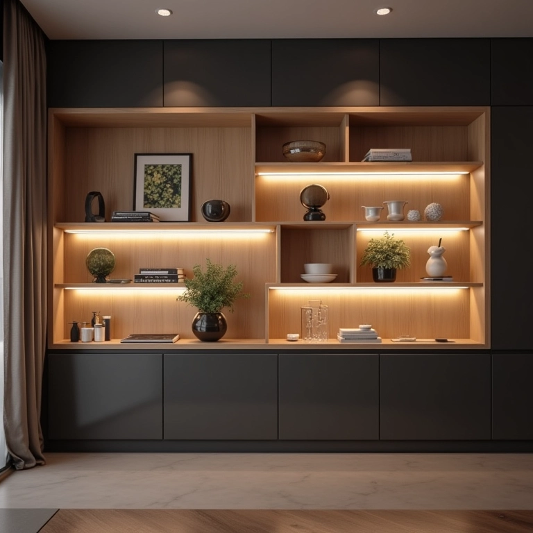 Cozinha moderna com nichos e prateleiras destacadas por fitas de LED.