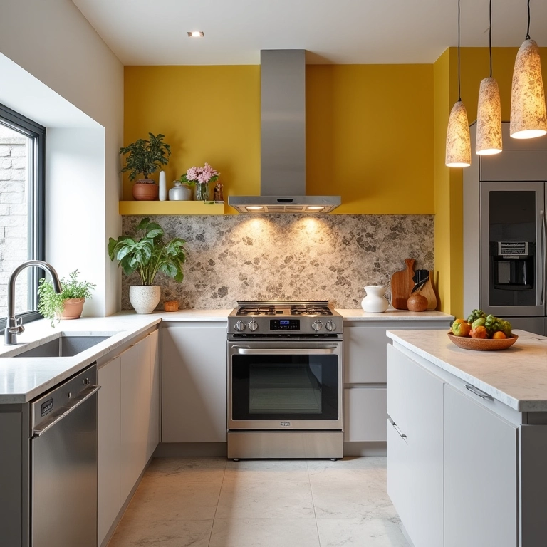 Cozinha moderna decorada com cores neutras, detalhes vibrantes e bancada de quartzo.