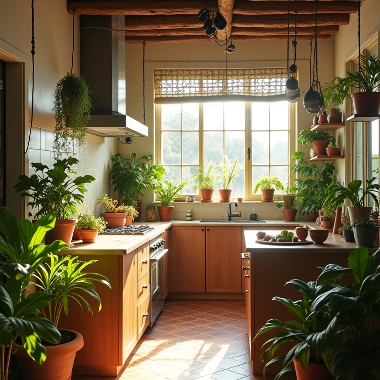 Cozinha pequena boho com plantas, estilo Farm Rio, luz natural.