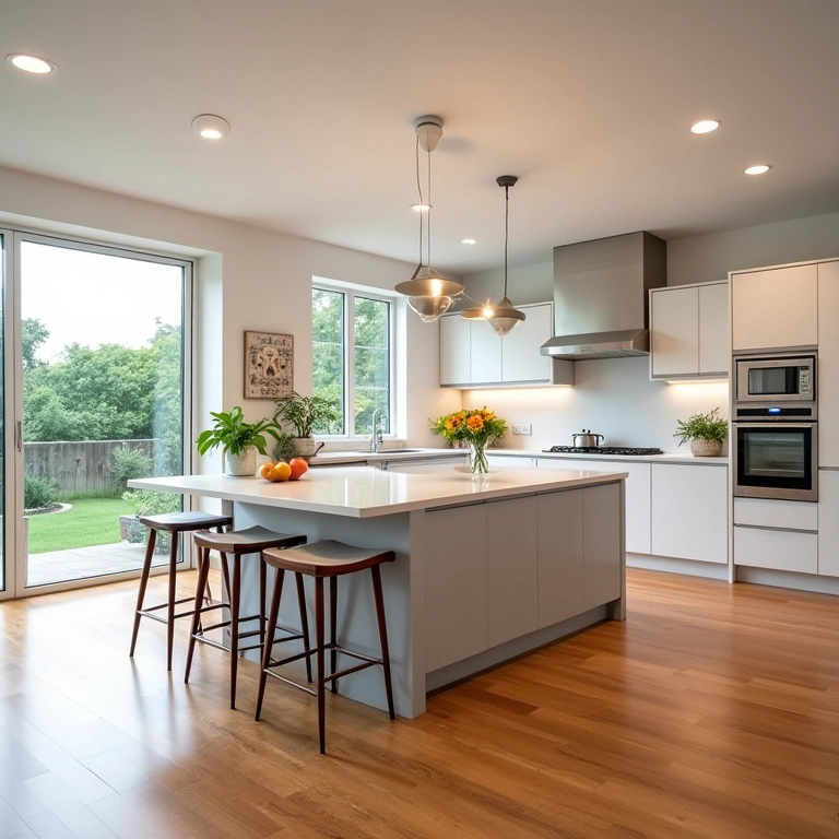 Cozinha planejada com ilha americana, design moderno e iluminação natural.