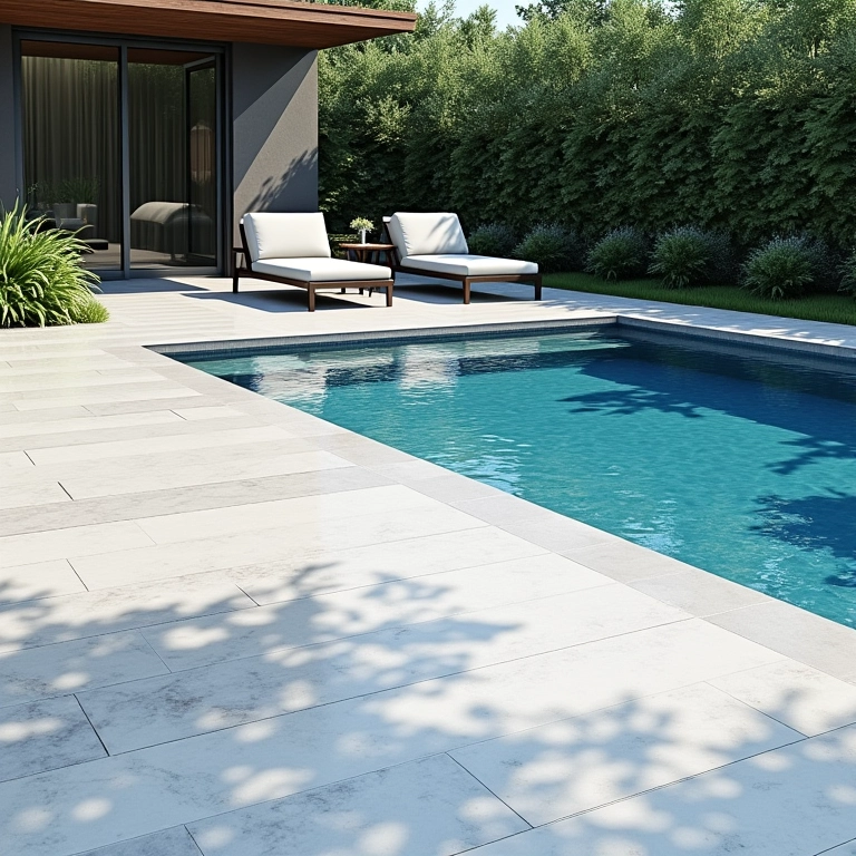 Deck de piscina moderno feito de plástico composto, com design contínuo e espreguiçadeiras confortáveis.