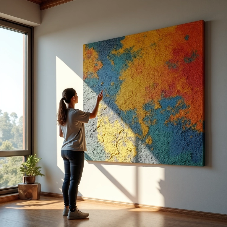 Designer de interiores analisando sala com painéis 3D para escolher o design ideal.