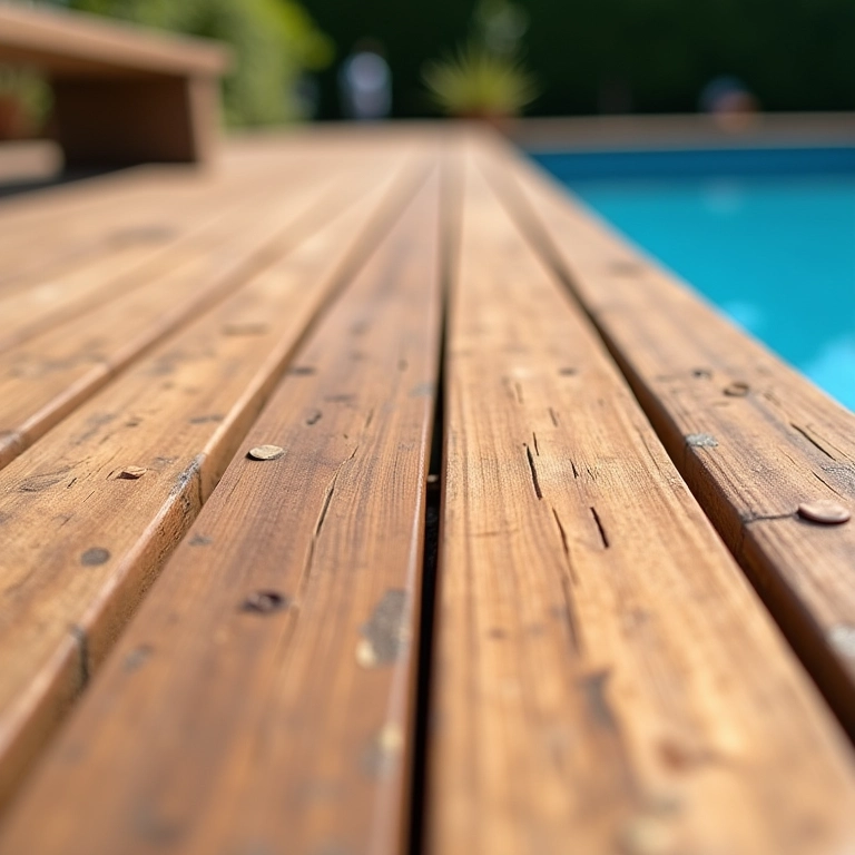 Detalhe da textura da madeira natural em deck de piscina, com tons quentes e veios aparentes.