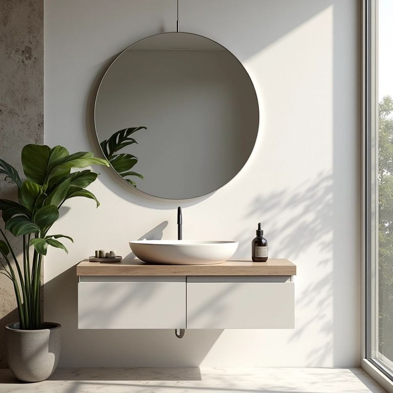 Espelho Adnet pendurado em um banheiro elegante e minimalista com iluminação natural.