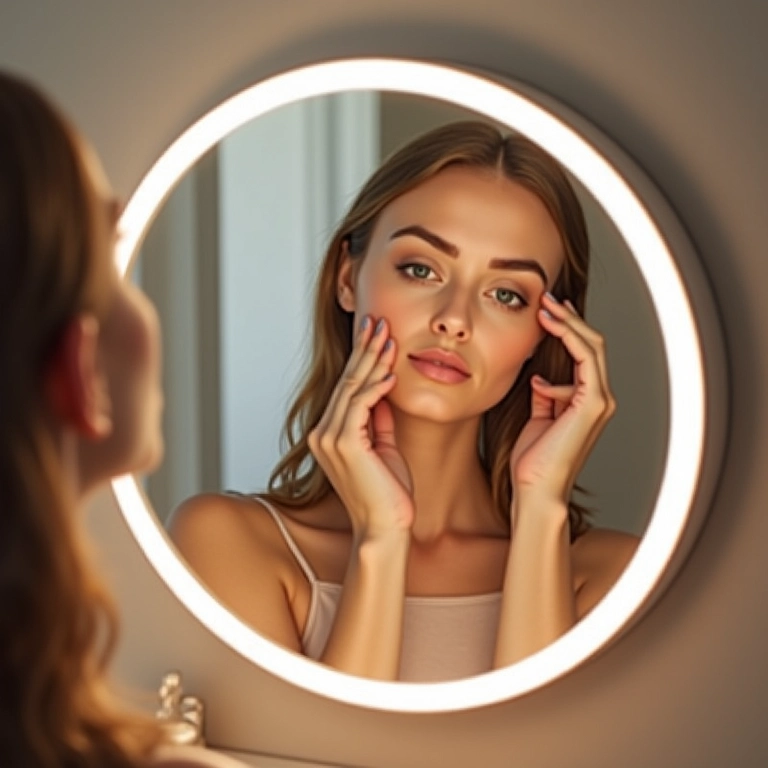 Espelho de banheiro contornado por fita de LED para iluminação suave.