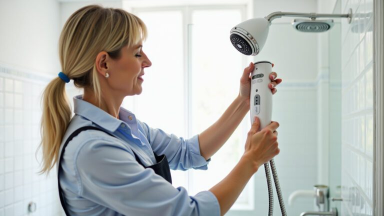 Mulher limpando chuveiro elétrico desmontado com vinagre.
