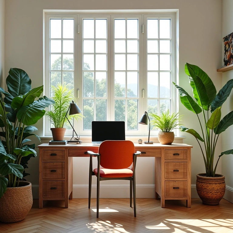 Home office organizado com decoração vibrante e luz natural.