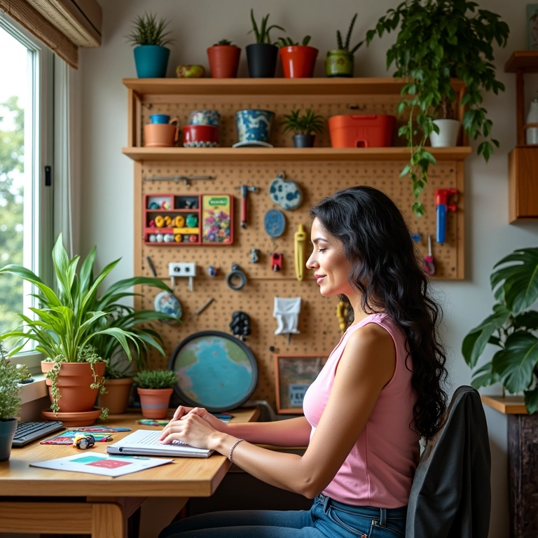 Home office organizado com painel perfurado e decoração vibrante.