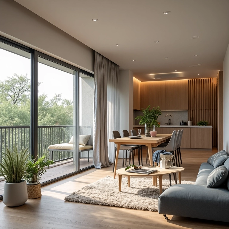 Integração da varanda com cozinha americana e sala.