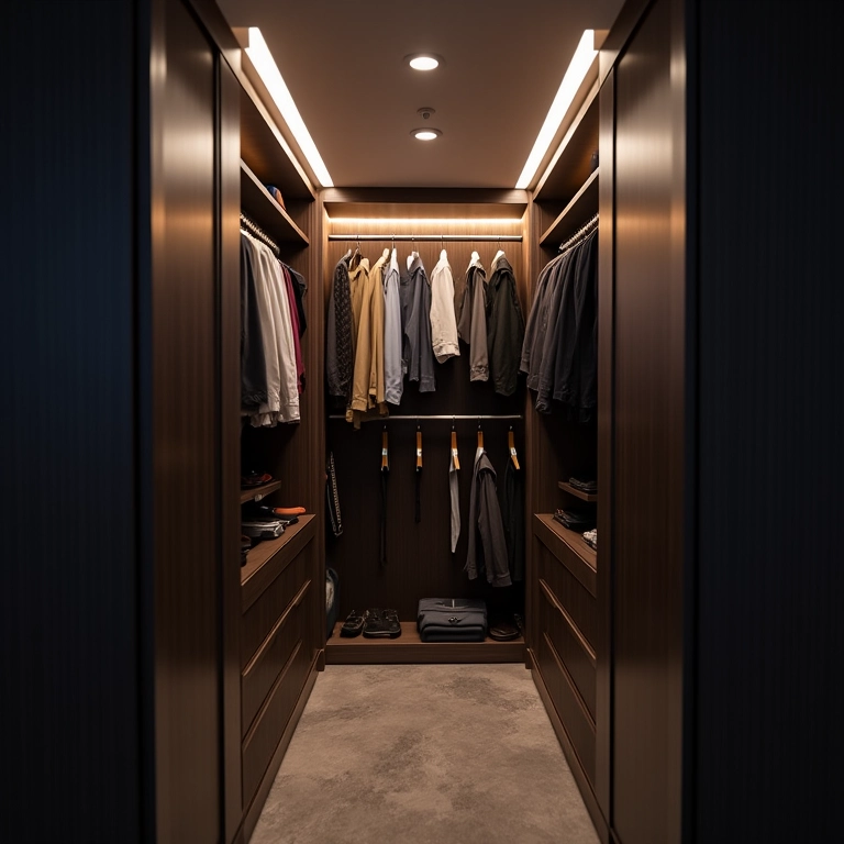 Interior de guarda-roupa iluminado com fitas de LED.