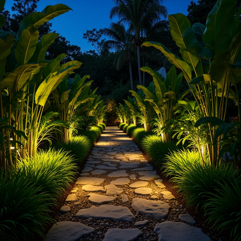 Jardim brasileiro iluminado com fitas de LED em plantas e caminhos.
