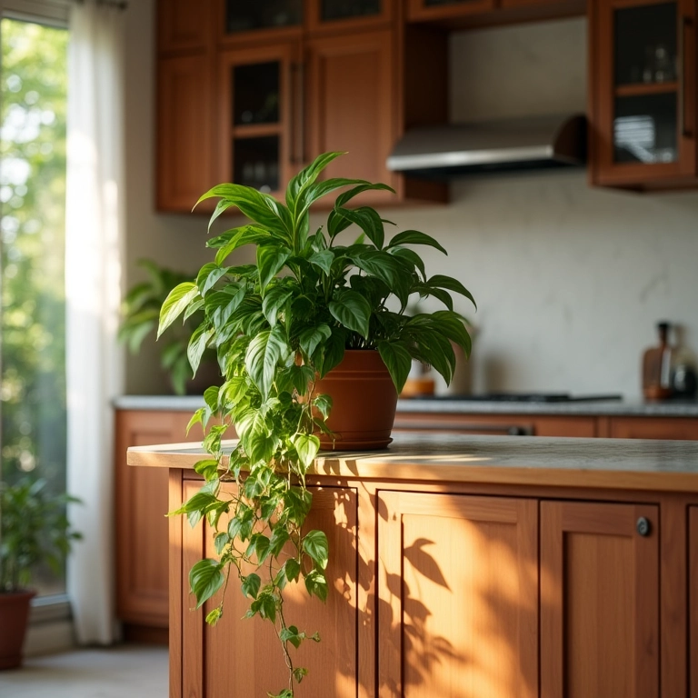 Jiboia na cozinha, planta trepadeira decorativa.