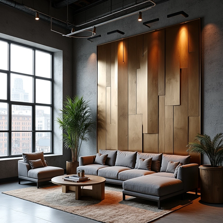 Loft industrial-chic com painéis de metal 3D, adicionando um toque moderno e elegante.