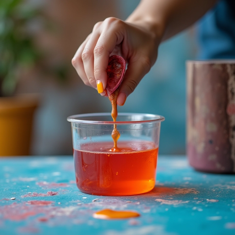 Mistura cuidadosa de tinta com água em recipiente transparente.