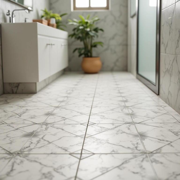 Piso vinílico em placas em um banheiro com design moderno.