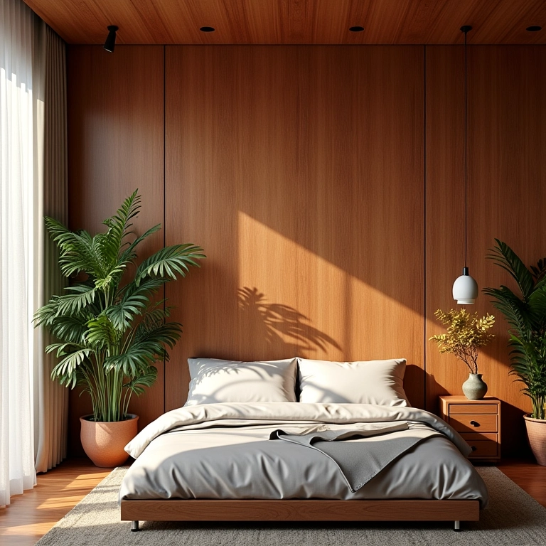 Quarto aconchegante com painéis de madeira 3D, criando um ambiente acolhedor.