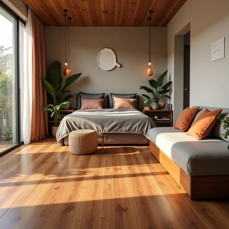 Quarto com piso vinílico em régua imitando madeira.