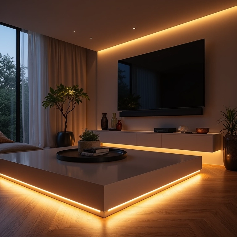 Rodapés iluminados com fitas de LED em sala de estar moderna.