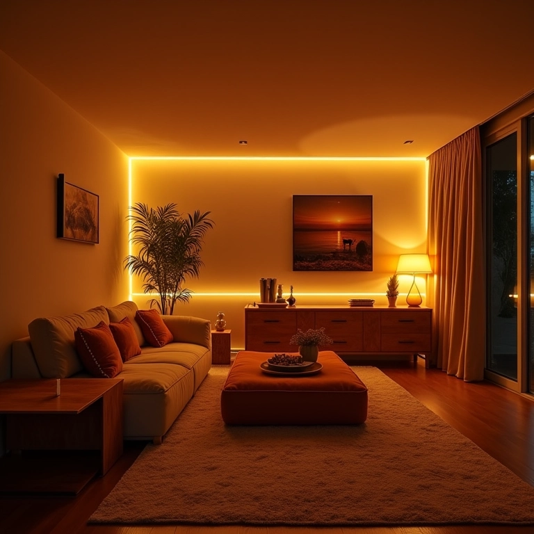 Sala de estar aconchegante com iluminação de fitas de LED, estilo Farm Rio.