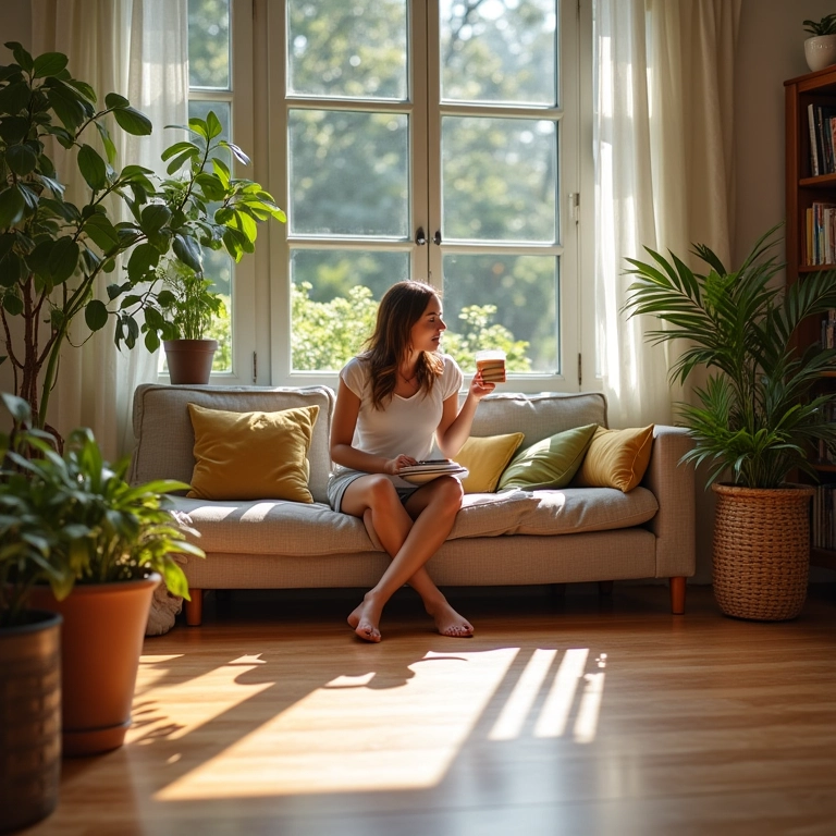 Sala de estar aconchegante com piso vinílico, plantas e uma mulher relaxando.