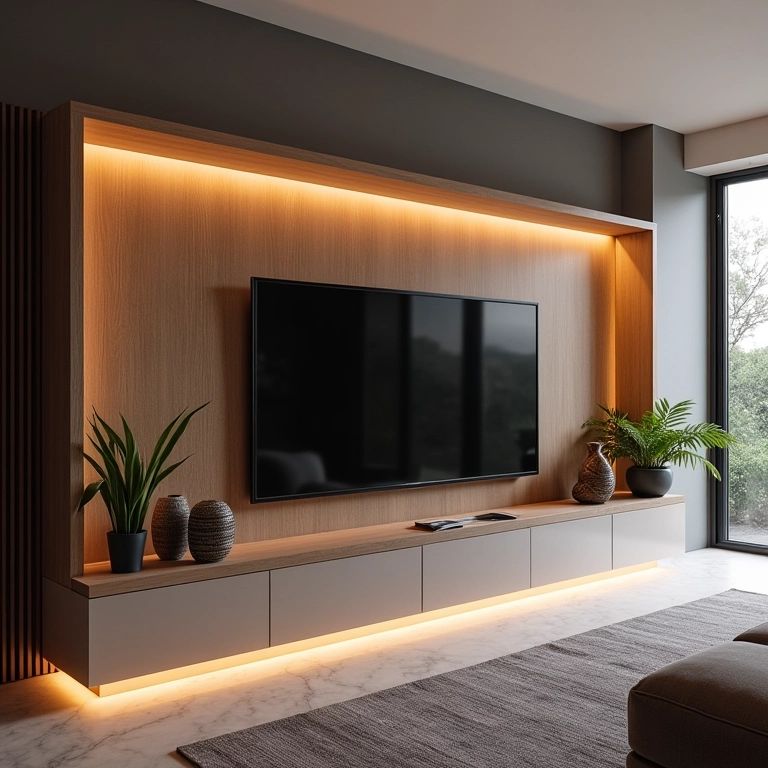 Sala de estar moderna com nicho de gesso para TV e iluminação.