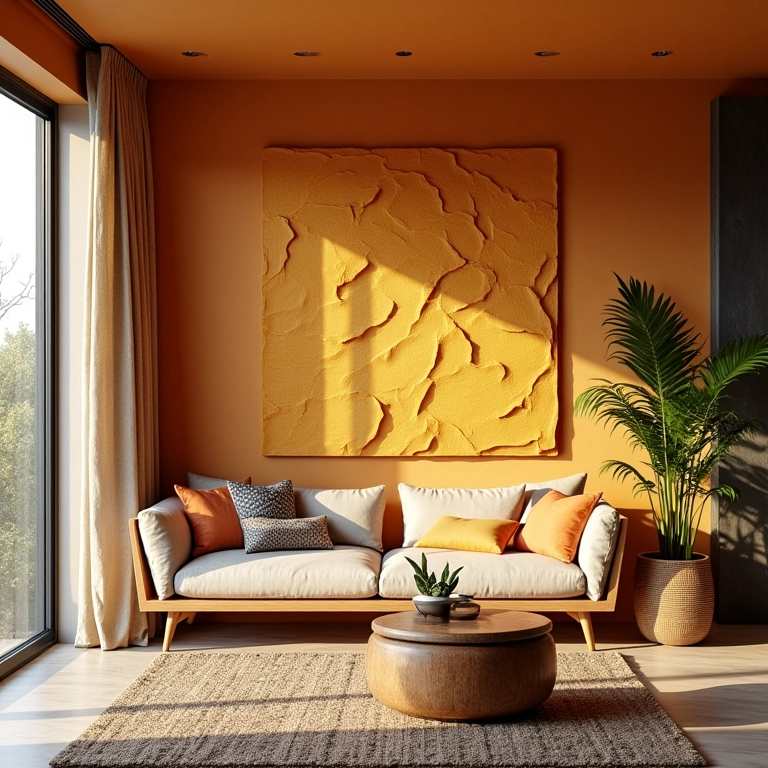 Sala de estar moderna com painel 3D texturizado, luz natural e decoração vibrante.