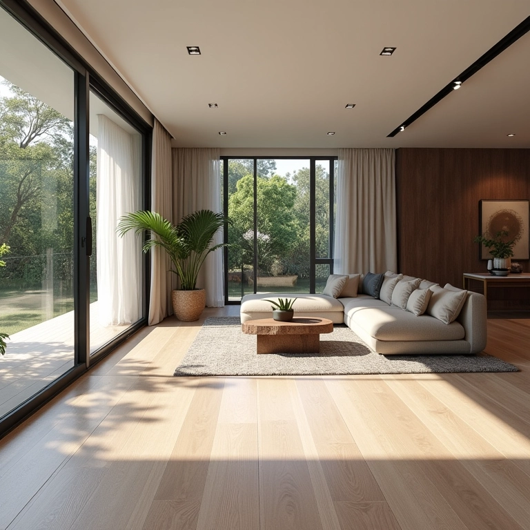 Sala de estar moderna com piso vinílico clicado (SPC).