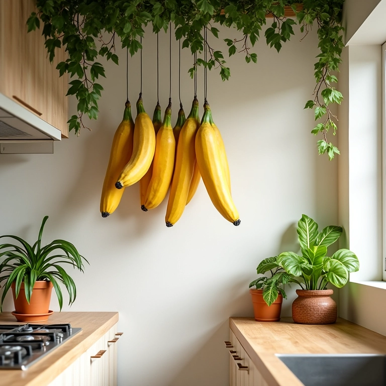 Samambaias pendentes na cozinha, toque tropical.