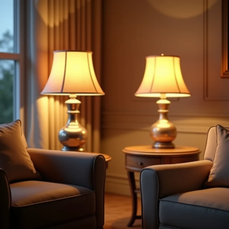 Abajures clássicos iluminando sala de estar com luz quente