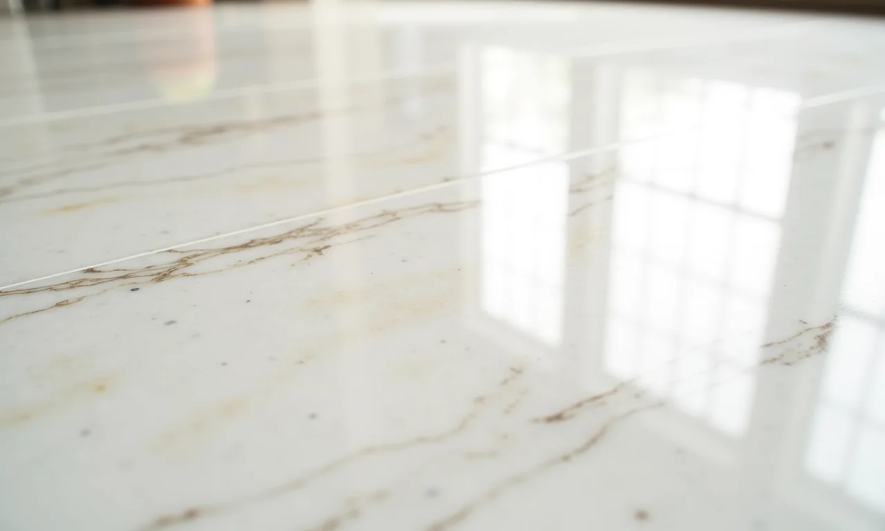 Acabamento polido do porcelanato marmorizado refletindo a luz.