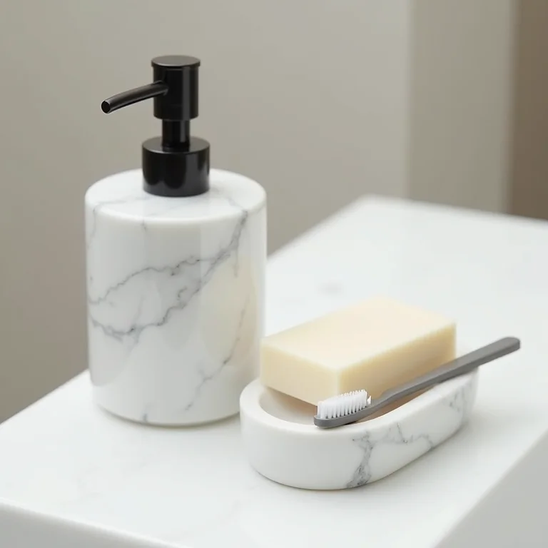 Acessórios de mármore para banheiro: saboneteira e porta-escova.