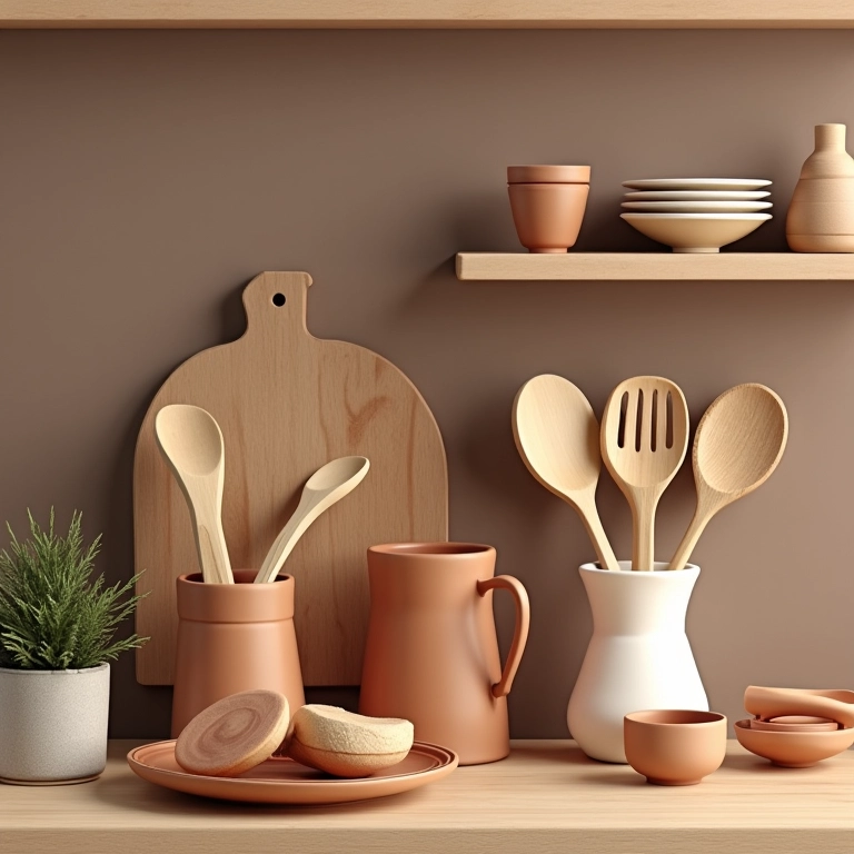 Acessórios e utensílios em tons terrosos para a cozinha.