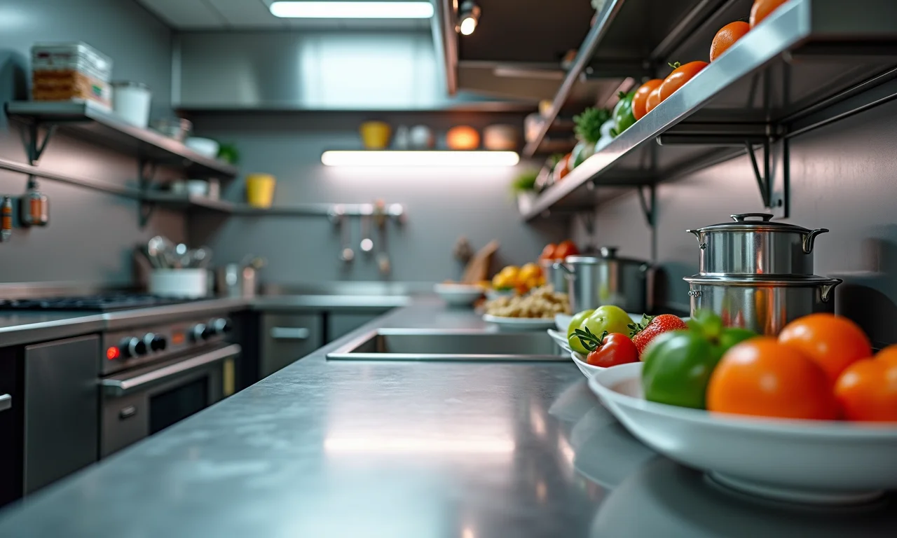 Acessórios estilosos sobre bancada de inox organizada em cozinha.