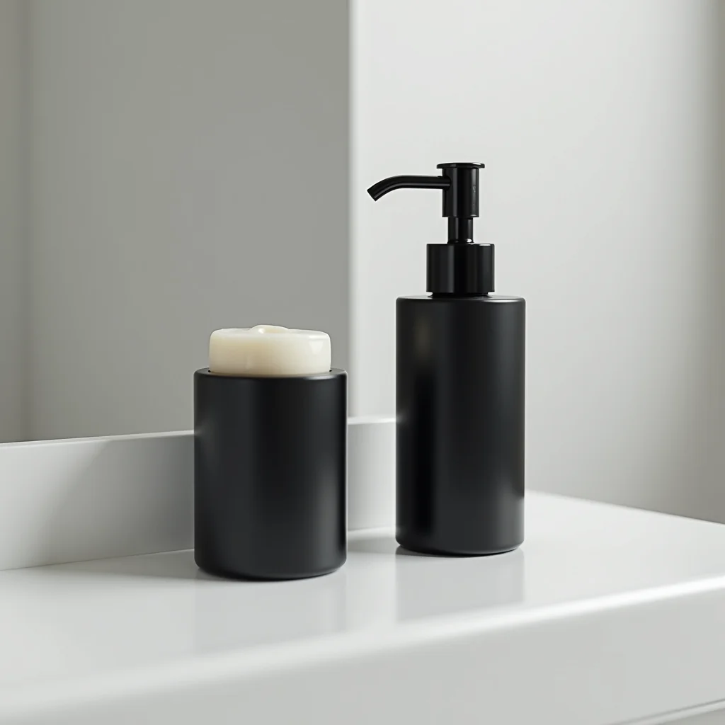 Acessórios funcionais e elegantes em banheiro minimalista preto.