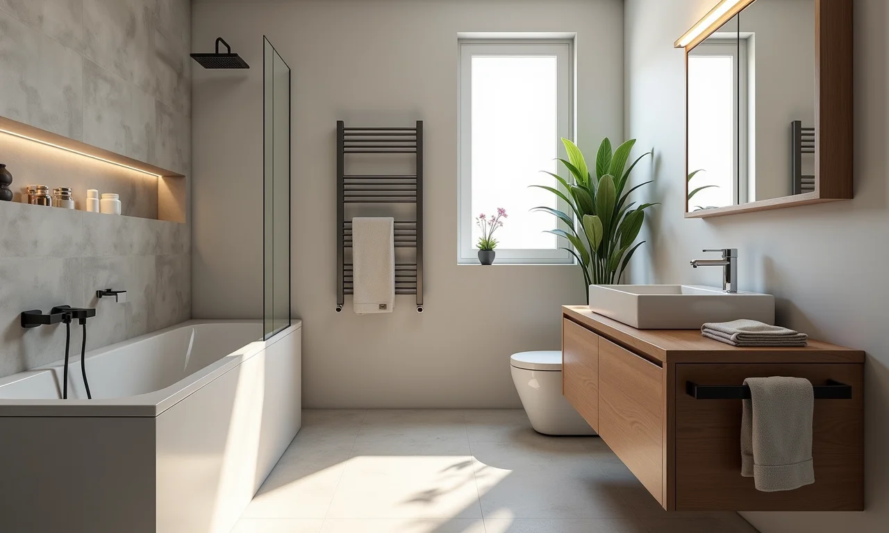 Acessórios multifuncionais em banheiro pequeno.