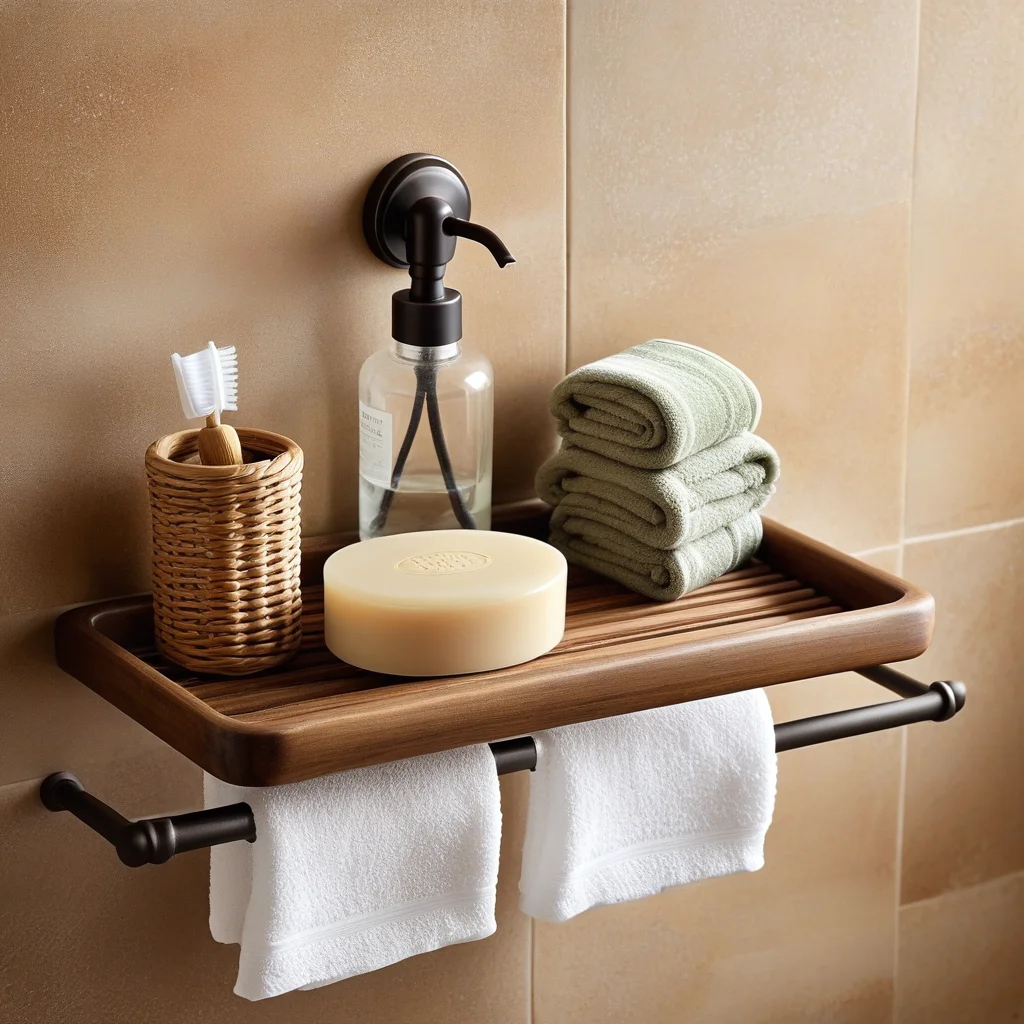 Acessórios vintage complementando a decoração do banheiro rústico.