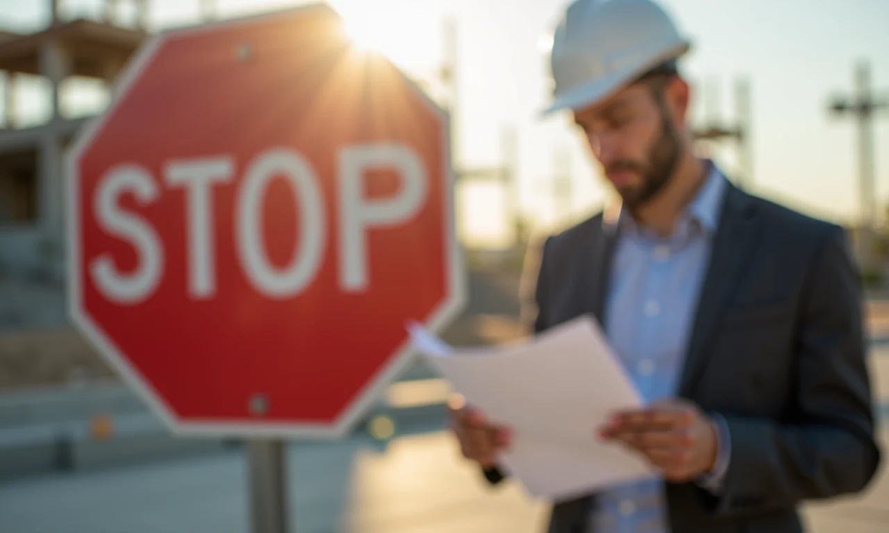 Advogado revisando documentos legais em obra parada.