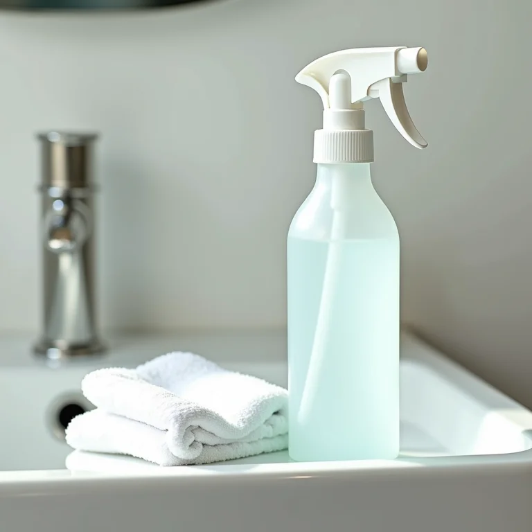 Água oxigenada em um frasco de spray e toalha limpa na pia do banheiro.