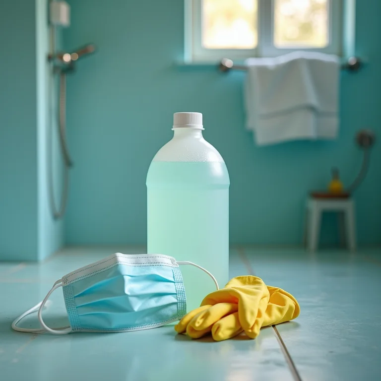 Água sanitária, luvas de proteção e máscara facial no chão do banheiro.