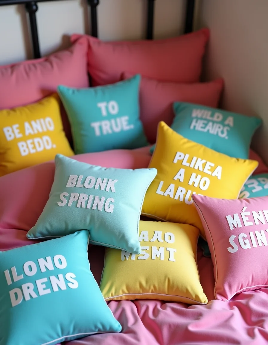 Almofadas coloridas com frases inspiradoras sobre uma cama.