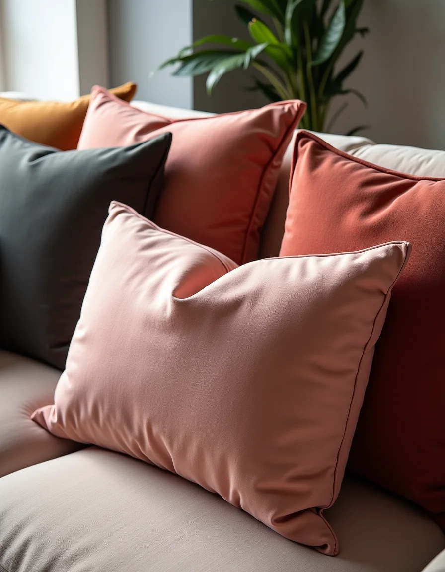 Almofadas com texturas diferentes em um sofá de design.