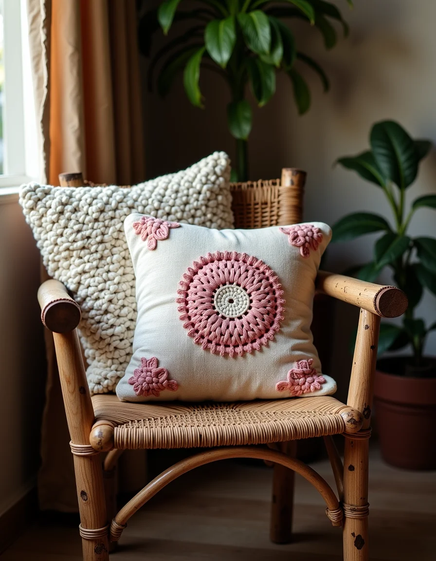 Almofadas de crochê e tricô em cadeira rústica de casa aconchegante.