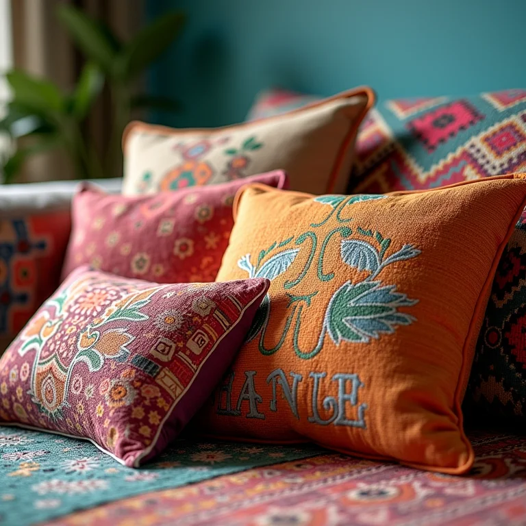 Almofadas e tapete em uma sala boho colorida