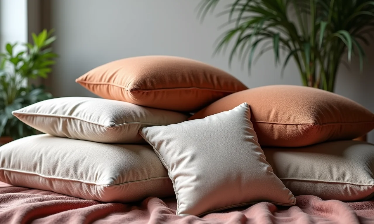 Almofadas macias da C&C Casa e Construção empilhadas.