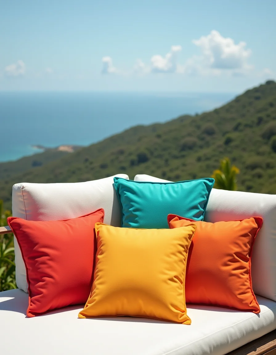 Almofadas vibrantes colorindo um banco com paisagem brasileira ao fundo.